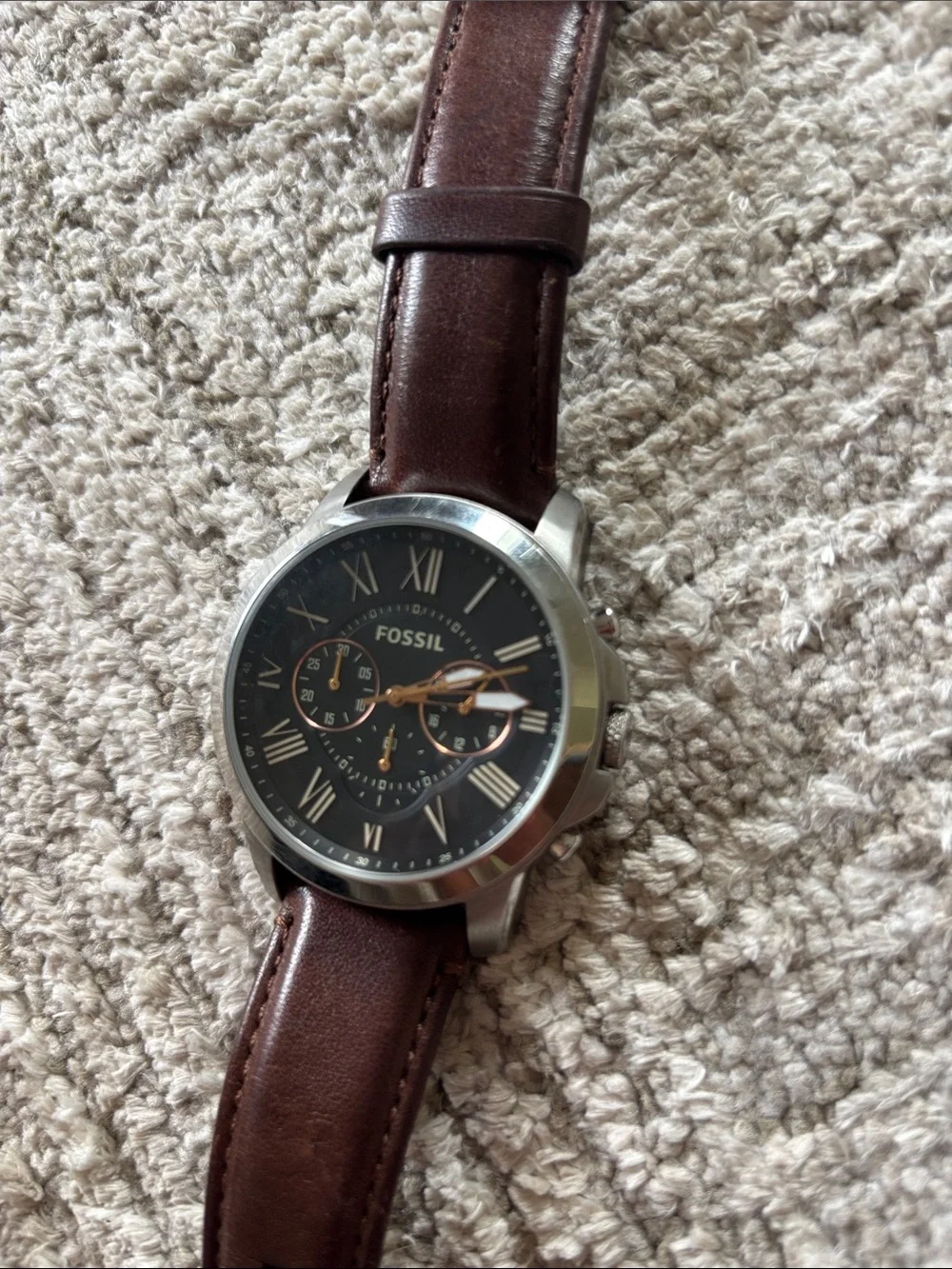 Fossil Men's Black Dial Watch with Brown Leather Strap